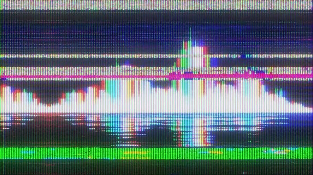 4K Broken CRT waveform screen animation, unstable audio signal across horizontal scanlines, heavy RGB noise and analog distortion, corrupted broadcast style display, flickering interference bands