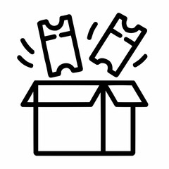 Line icon of a box with flying tickets &mdash; raffle entry, black on white, square minimalist style