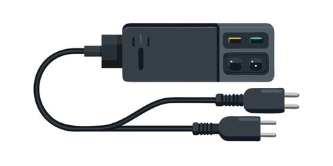 Obraz premium Versatile black power adapter unit designed for charging various electronic devices, showcasing its essential components and cabling in a clean, isolated presentation.