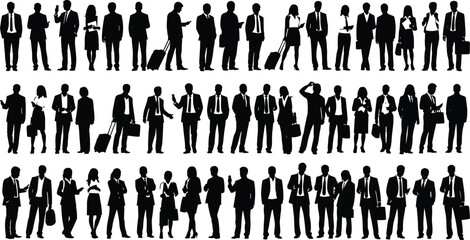 Business people silhouette mega collection, corporate men women standing walking working poses, professional office lifestyle figures, isolated black illustration set