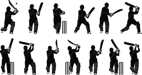 Cricket batsman silhouettes set showing batting shots stances actions, professional sports players training match play isolated illustration