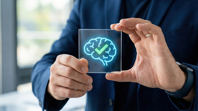 Brain icon mental health cognitive concept human hand glass panel blue background business suit check mark symbol glowing brain icon mental health