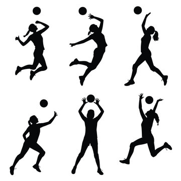 Silhouettes of netball players in action leaping to intercept balls