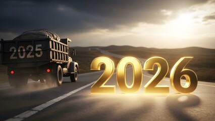 Dump truck transitioning from 2025 to glowing 2026 on a road