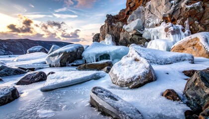 Large clear ice chunks scattered among dark coastal rocks with misty water and soft pink sunrise sky.