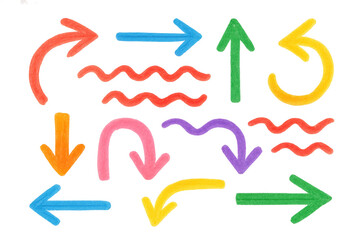 Colorful hand drawn crayon doodle arrows and wavy lines set pointing in multiple directions, transparent background