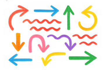 Colorful hand drawn crayon doodle arrows and wavy lines set pointing in multiple directions, transparent background