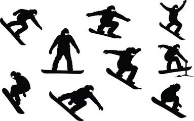Snowboarder silhouette action sequence, snowboarding jump tricks poses, winter extreme sports collection, isolated black rider figures illustration set, vector, design