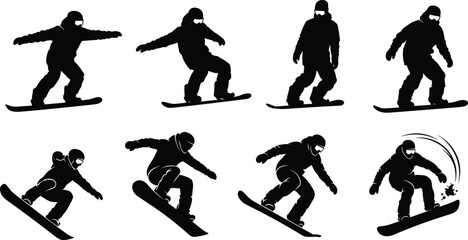 Snowboard trick sequence silhouettes showing snowboarder jump motion isolated on white background, extreme winter sport action collection illustration design