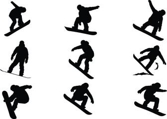 Snowboarder silhouettes performing jumps tricks, winter extreme sport action poses, freestyle snowboarding athlete illustration isolated vector collection dynamic motion black
