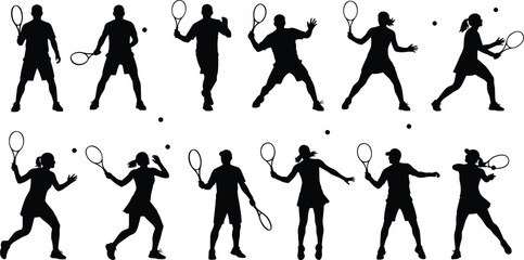 Tennis player silhouettes showing forehand and backhand swing actions isolated on white background, professional sport motion training illustration set