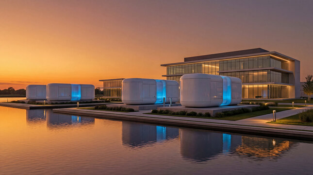 Modern Small Modular Reactor SMR Energy Park Powering Data Center in Green Landscape Concept

