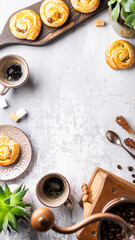 Freshly brewed coffee with pastries on a rustic table featuring natural elements and cozy ambiance