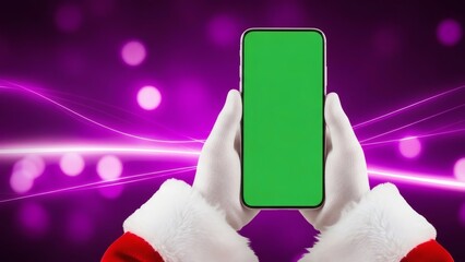 Santa's hands holding a green screen smartphone for festive digital content, app promotions, and holiday marketing