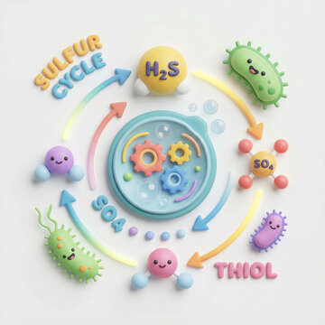 A colorful and friendly 3D illustration explaining the sulfur cycle, showing microbial processes that transform hydrogen sulfide, sulfate, and thiol compounds through biological and chemical pathways.
