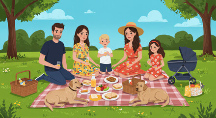 Family picnic in a park with children and dogs
