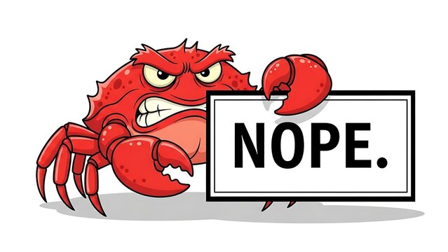 Angry red crab holding a sign that says nope