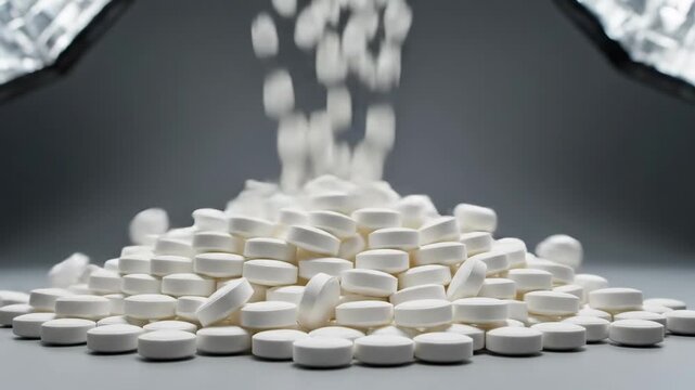 Witness the enchanting cascade of white tablets as they gracefully fall from above onto a smooth surface, illuminated by soft lighting during the late afternoon.