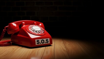 Timeless red rotary telephone, marked with S.O.S., dramatically lit in a spotlight on a wooden floor against a dark brick wall, evoking urgent communication and vintage distress