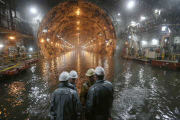Obraz premium Construction of a large underwater tunnel across the Bering Strait between Russia and Alaska. Initial construction phase