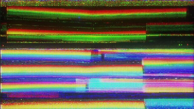 4K Horizontal RGB glitch band animation, layered analog signal strips across dark screen, chromatic separation and scanline texture, heavy noise interference distortion, broken CRT abstract display 