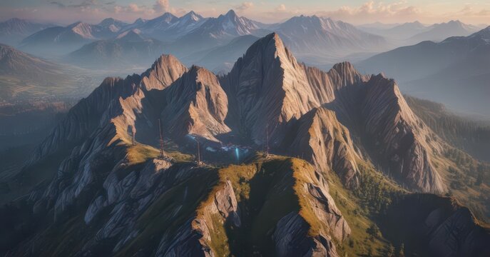 Aerial view of a mountain range with radio transmitters emitting signals,  broadcast, signal,  technology