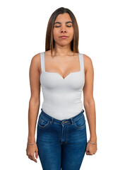 Obraz premium Woman meditating with closed eyes finding inner peace