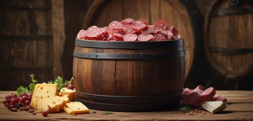 Aged salami and cheese in a wooden barrel in an Italian cellar,  cheese,  barrel,  aged