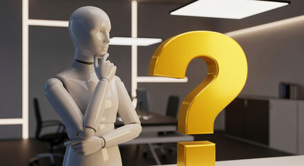 A mannequin with crossed arms is contemplating a big golden question mark, representative of business uncertainty and technological challenges