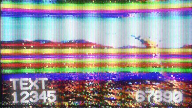 4K CRT glitch data screen animation, horizontal RGB color bands and analog signal noise, numeric text overlays and scanlines, distorted broadcast style display, corrupted interface visuals