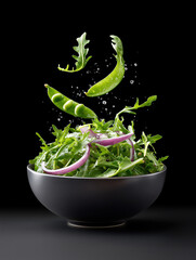 Floating Freshness: A culinary display of fresh salad greens and ingredients, frozen in mid-air above a sleek dark bowl. Capture a moment of freshness and vitality.