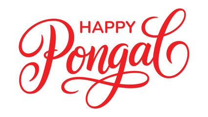 Happy Pongal red calligraphy typography design with elegant hand lettering style isolated on white background for south indian harvest festival © Zavivec