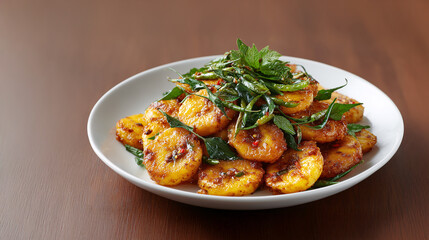 Golden Potato Delight: A culinary masterpiece of golden-brown potatoes, artfully arranged on a pristine white plate, garnished with vibrant green herbs.