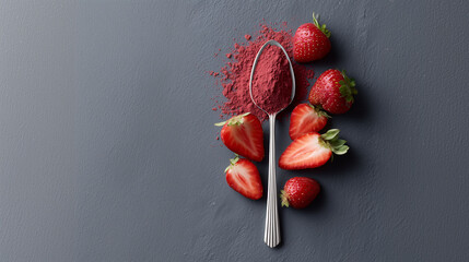 Strawberry and Powder: A vibrant scene showcases fresh strawberries and a spoonful of powdered substance, offering a glimpse into the art of culinary creativity and freshness.