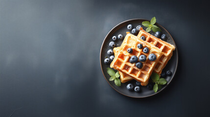 Breakfast Delight: Two golden waffles, generously topped with juicy blueberries and a sprig of fresh mint, rest gracefully on a dark plate.