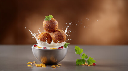 Culinary Explosion: A culinary masterpiece with golden-brown spheres perched delicately amidst a splash of creamy milk, accentuated by vibrant green sprigs and scattered pomegranate seeds.