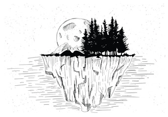 Black and White Line Drawing of Floating Island with Forest and Cratered Moon © Tahmina
