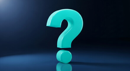 Turquoise question mark on reflective blue surface. Symbolizing ambiguity, uncertainty, problem, representing investigation, search for knowledge or solution