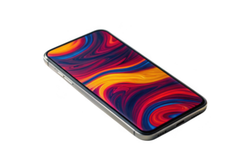 Modern smartphone with vibrant abstract wallpaper isolated on transparent background