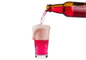 Dynamic, hyper-photorealistic close-up of neon pink lemonade soda pouring from a condensation-slick amber bottle into a frosty pilsner glass, high-speed splash frozen against white. concept for