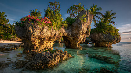 Rock Formations in Turquoise Water at Sunset graphic isolated on a transparent background