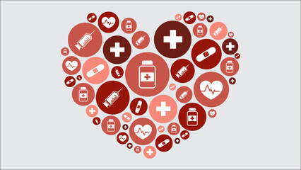 A heart shape formed by various medical icons like crosses, syringes, pills, and band-aids, symbolizing health and care.