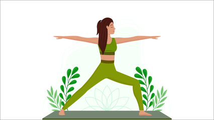 A woman in green activewear performing a yoga pose on a mat with plant illustrations.