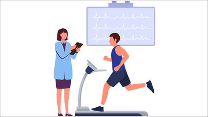 Medical professional monitoring a man performing a cardiac stress test on a treadmill with ECG display.