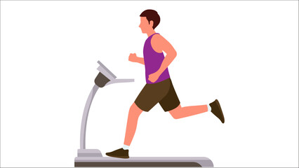 A man in a purple tank top and brown shorts running on a treadmill, exercising indoors for fitness.