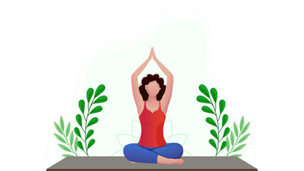 A serene illustration of a woman meditating in a lotus position with hands raised, surrounded by green leaves, symbolizing peace and wellness.