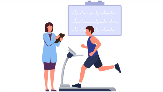 Medical professional monitoring a man performing a cardiac stress test on a treadmill with ECG display.