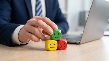 Hand Managing Colorful Emotion Blocks Representing Mood and Satisfaction in Office Business Setting