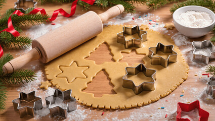 Christmas cookie baking setup with rolling pin, flour, cookie cutters and dough on a wooden counter, warm cozy lighting, festive mood, no people