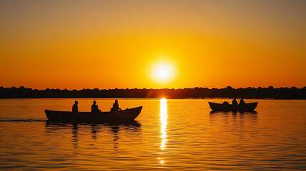 Silhouettes of people in boats on a lake at sunset with vibrant orange sky water isolated on a transparent background